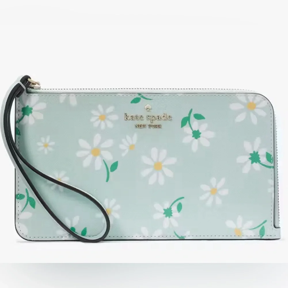 Kate Spade Lucy Day Tripper Daisy Medium L-Zip Wristlet Green White - Picture 10 of 12
